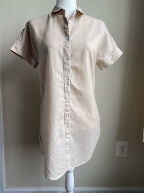 Wool& Merino Wool and Linen Short Sleeve Collared Full Button Mini Dress S Tan